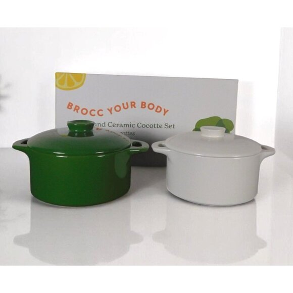 Mini Round Ceramic Cocotte Set By Brocc Your Body - Green & White NWB - Picture 1 of 10